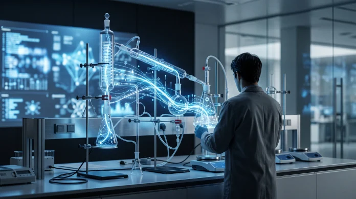 A conceptual representation of digital data and biological laboratory equipment.