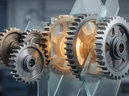 A conceptual 3D render of metallic components and glass panels.
