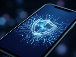 A conceptual 3D render of a security shield on a smartphone screen representing mobile data protection.