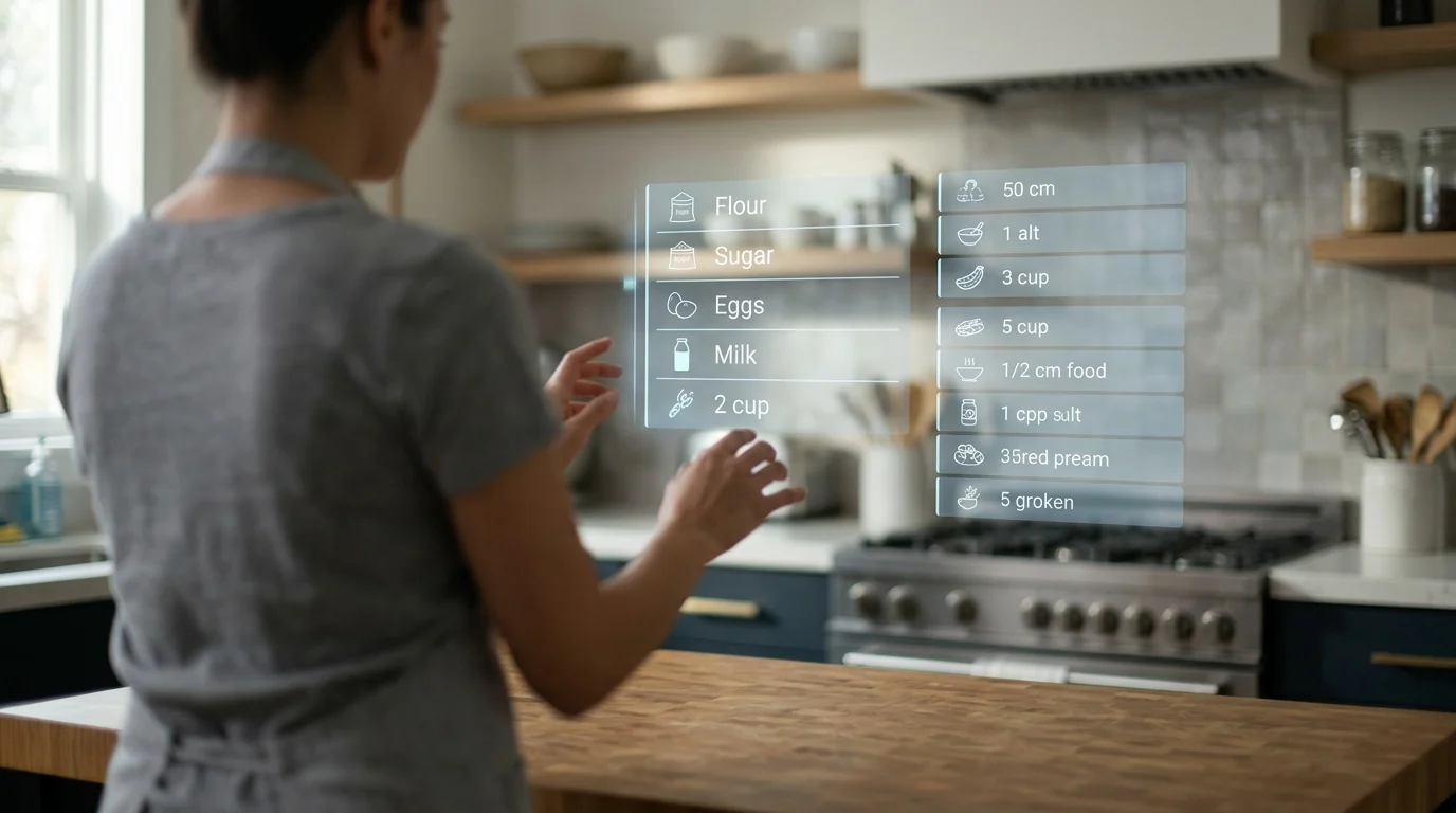 Conceptual AR interface showing recipe steps over a kitchen counter.
