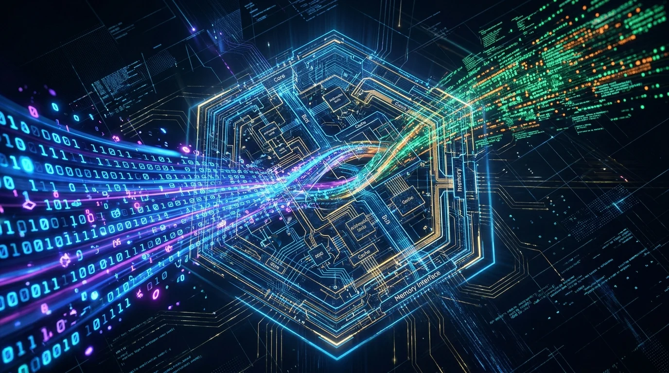 Conceptual digital architecture showing ARM processor data streams.