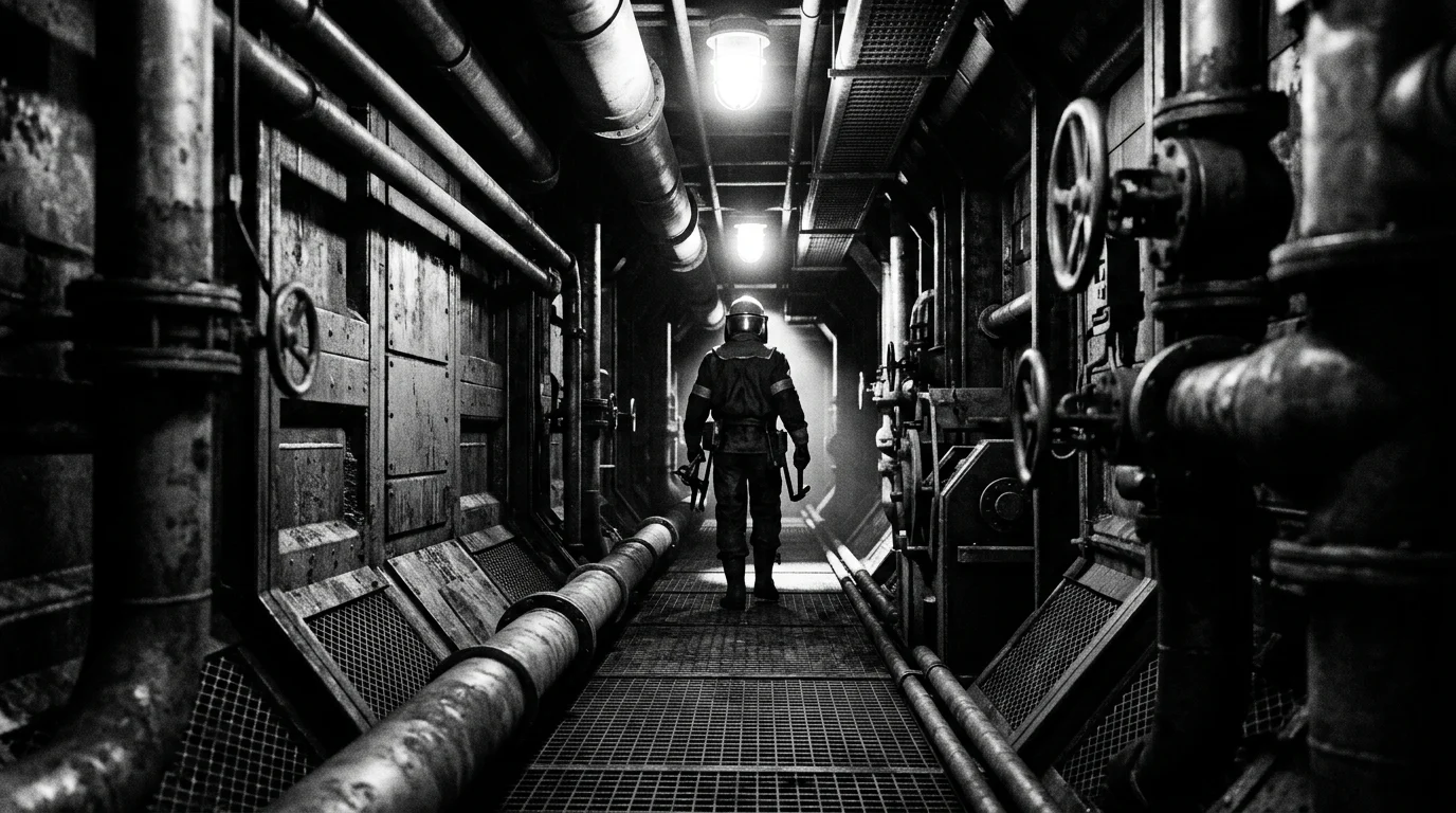 Stark black and white interior of a futuristic mining facility.
