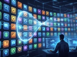A visualization of a large-scale digital scan of mobile application icons.