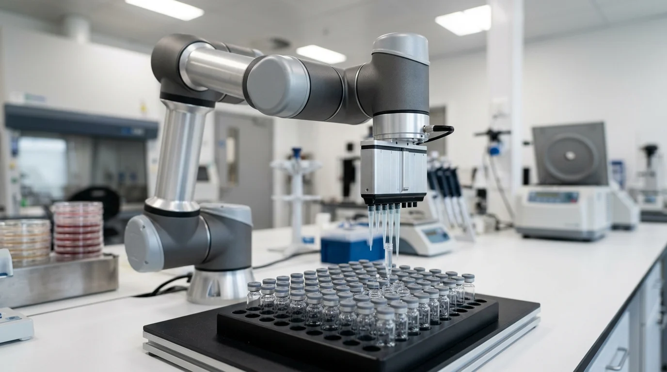 A robotic system executing automated laboratory tasks.