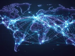 Conceptual digital representation of automated data streams across a network map.