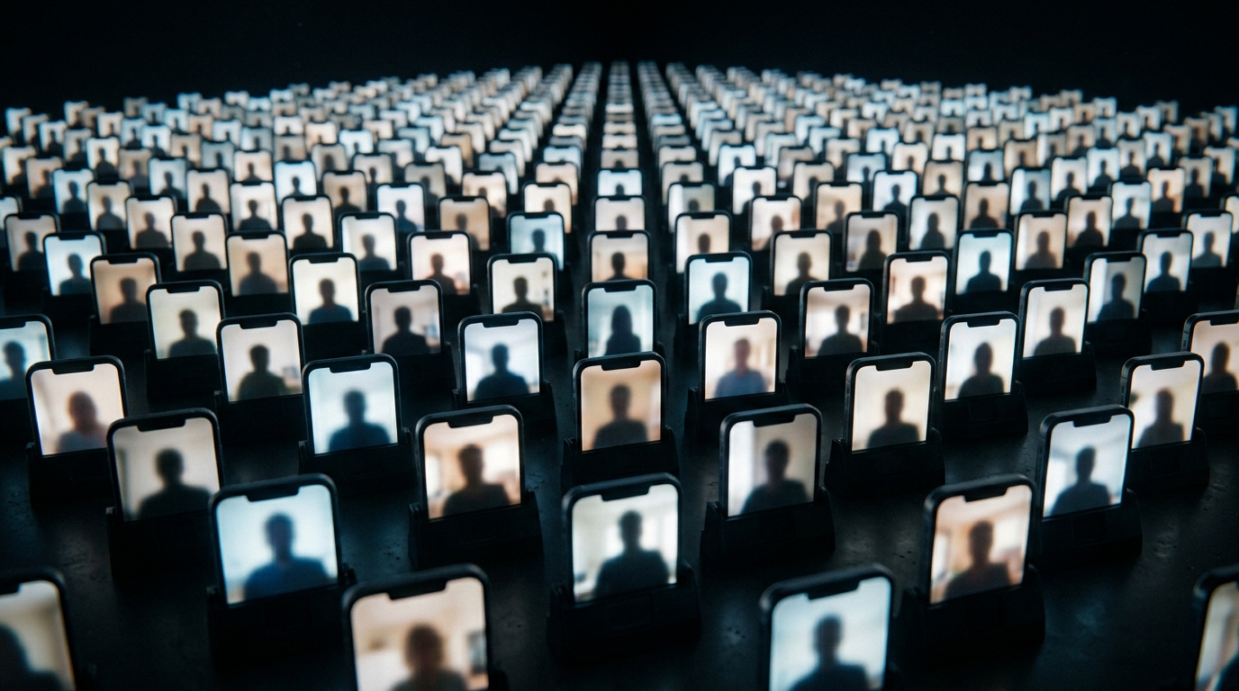 A grid of multiple smartphone screens showing blurred video call silhouettes.