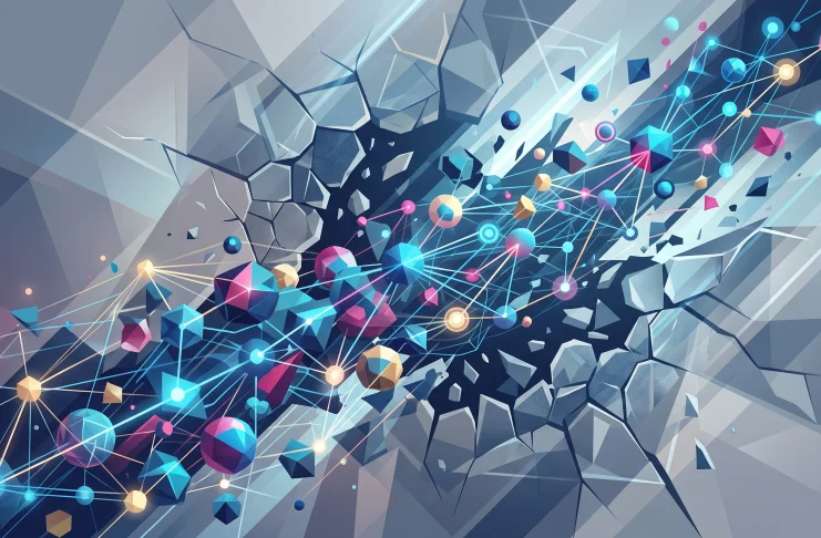 A conceptual digital representation of autonomous software nodes breaking out of a geometric container.