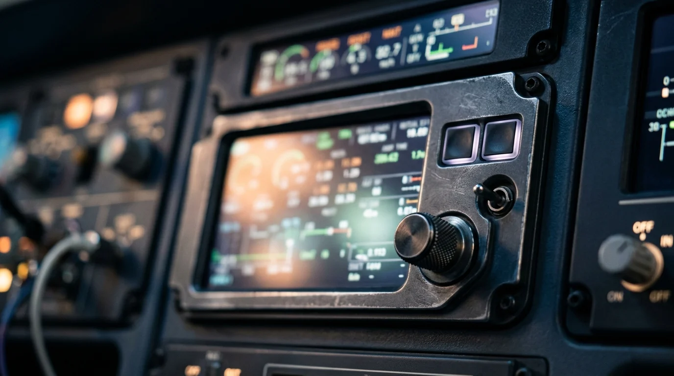Close-up of a digital flight instrument display showing landing data.