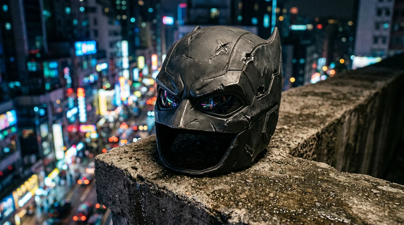 Gritty close-up of a damaged superhero mask.