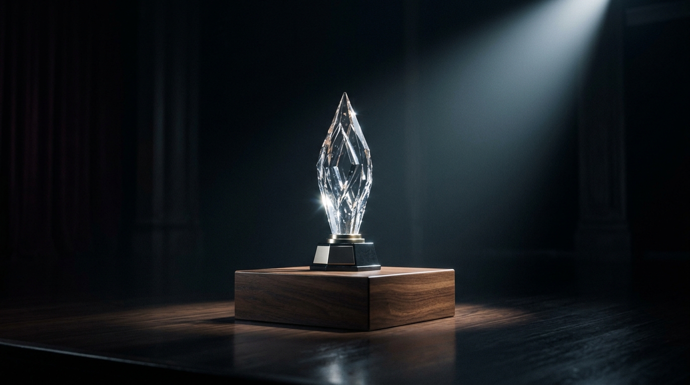 A crystalline trophy under a spotlight on a stage.
