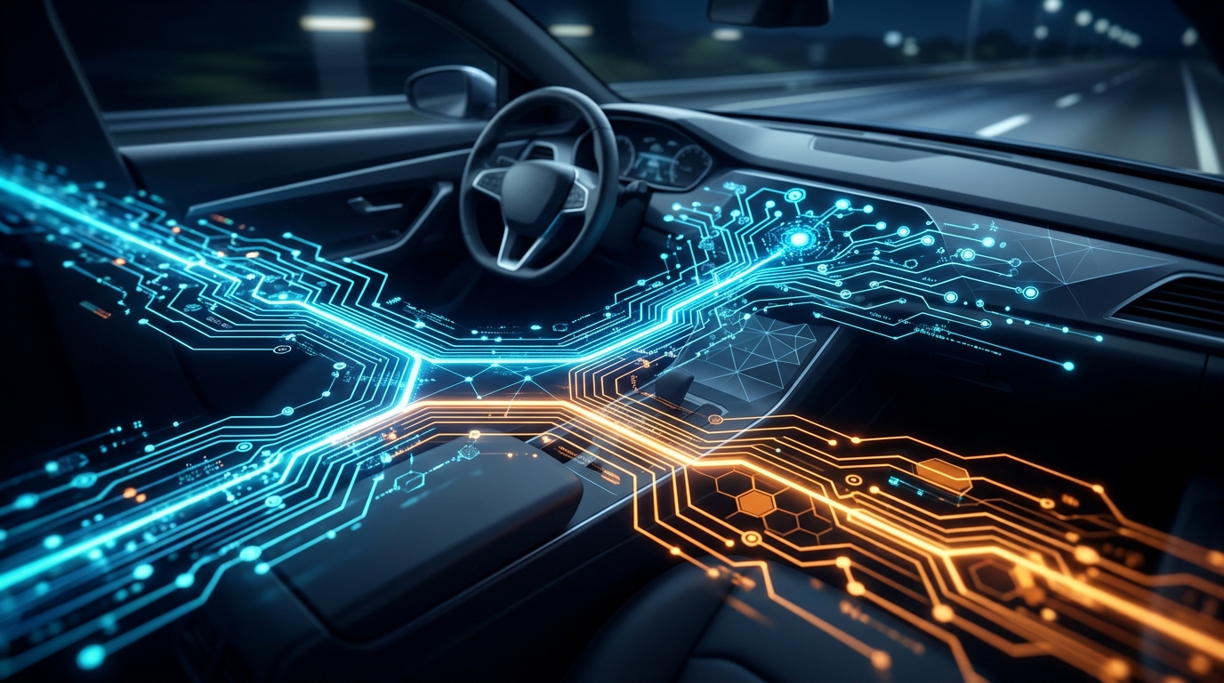 Abstract visualization of diverging software paths for different vehicle types.