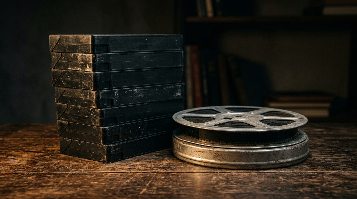 Vintage VHS tapes and a film reel in a dimly lit setting.