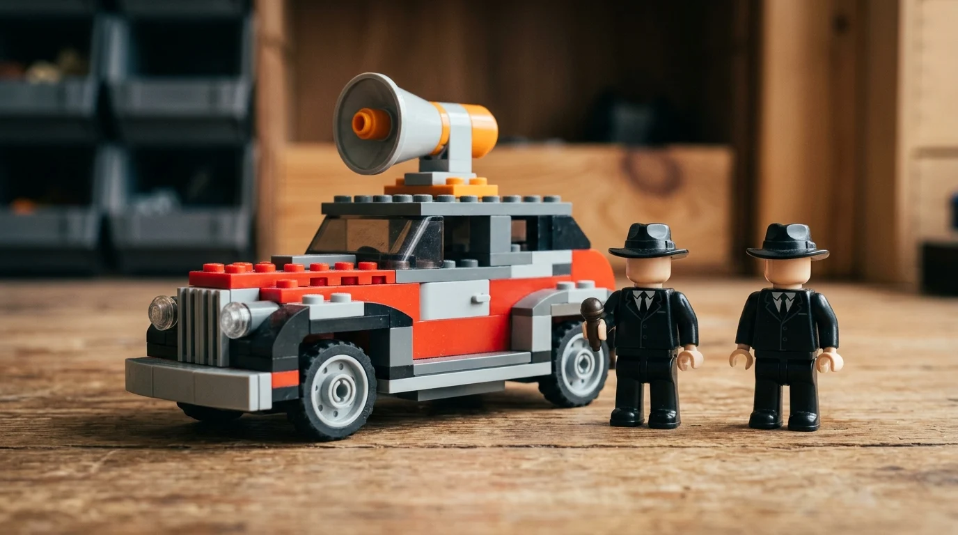 LEGO Ideas Bluesmobile Joins New Graphic Novel in Blues Brothers Franchise Revival 1 Plastic toy figures in suits next to a brick-built car.