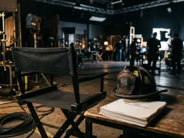A director's chair and a firefighter helmet on a television set.