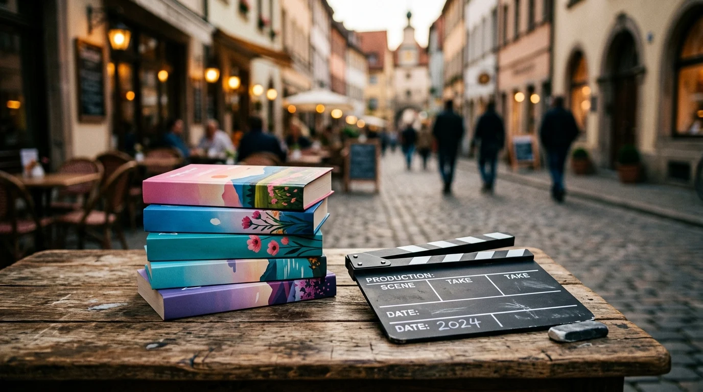 A stack of books and a film clapboard on a table.