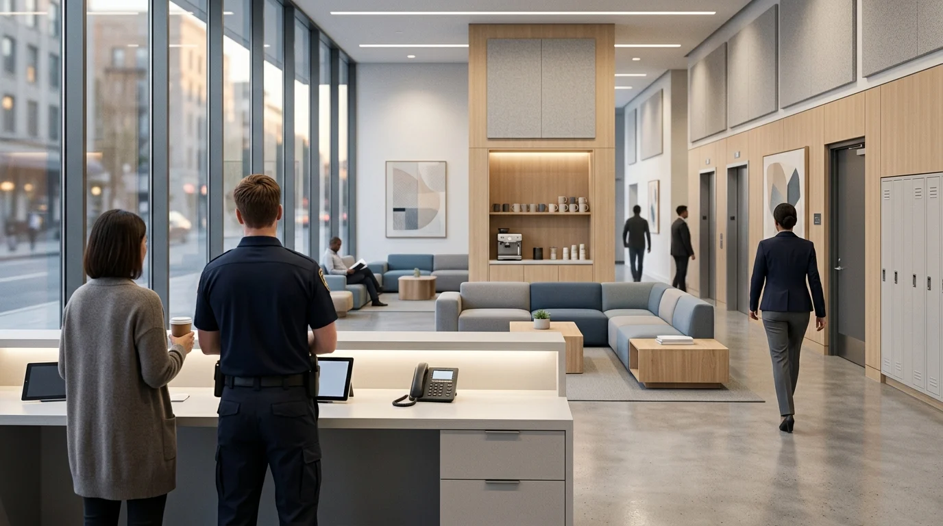 The interior of a modern urban police station lobby.