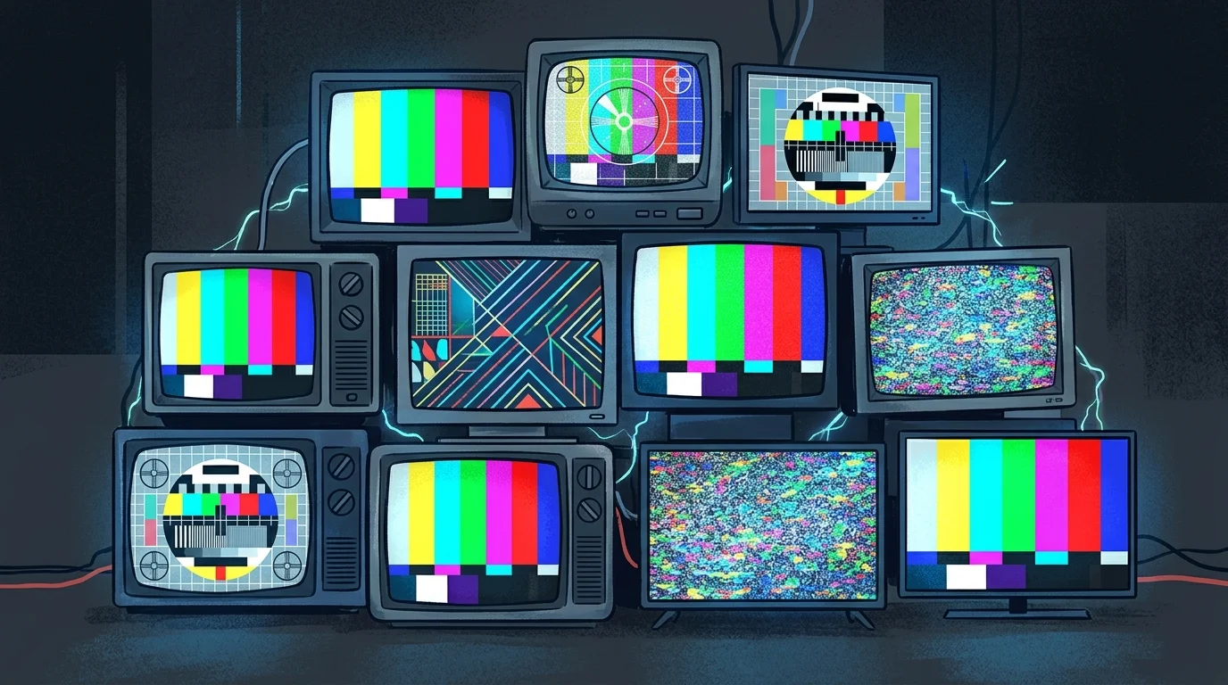 A collection of vintage and modern TV screens showing broadcast static.