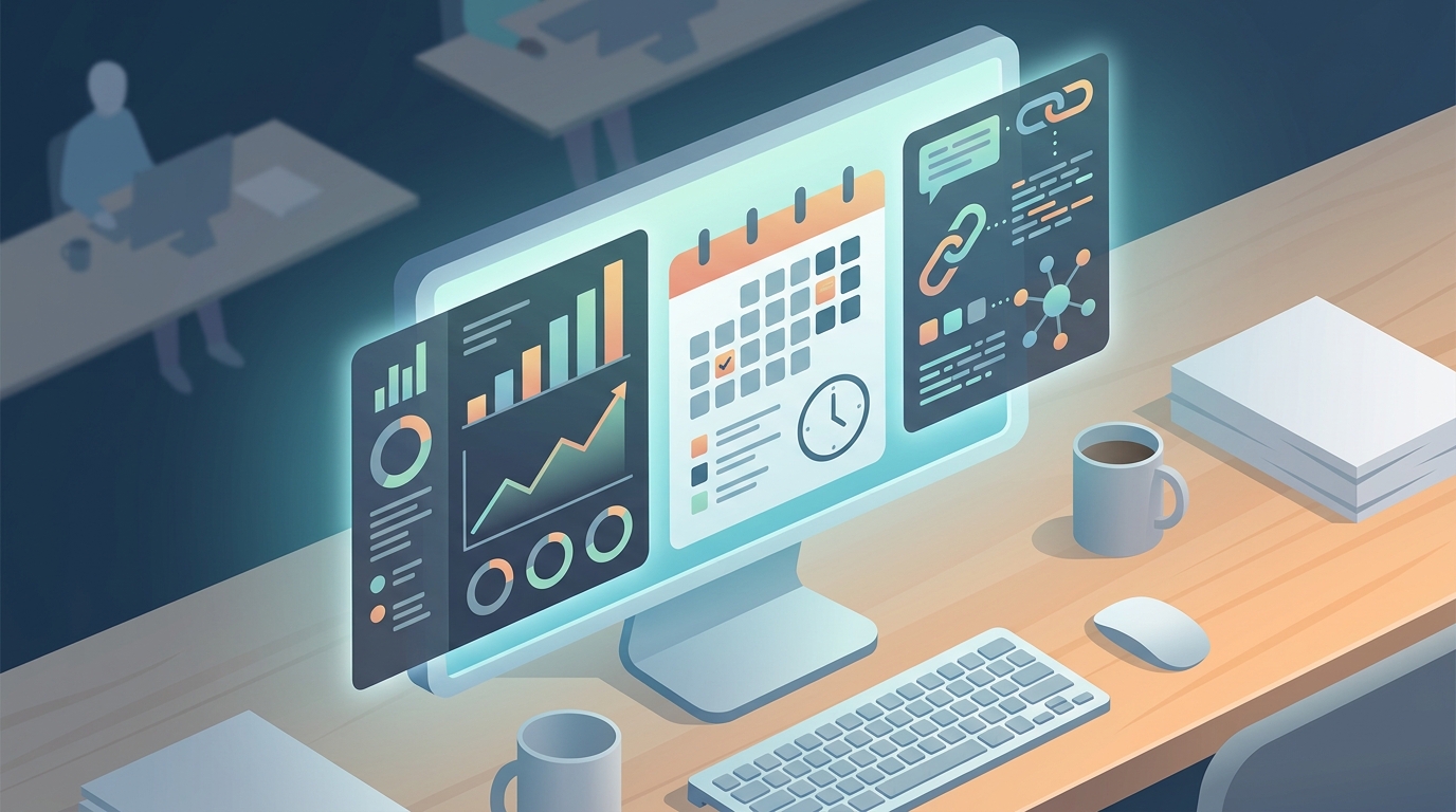 Conceptual digital interface showing business management and growth icons.