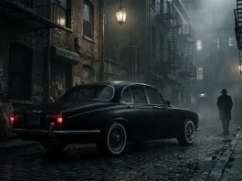 A black vintage car in a dark alleyway reflecting a crime thriller aesthetic.