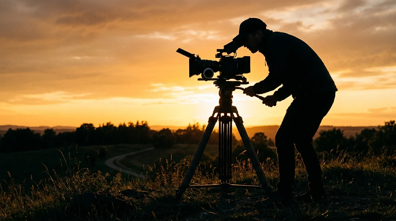 Silhouette of a filmmaker with a professional camera.