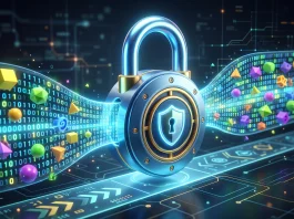 Conceptual 3D render of a digital lock protecting data streams.