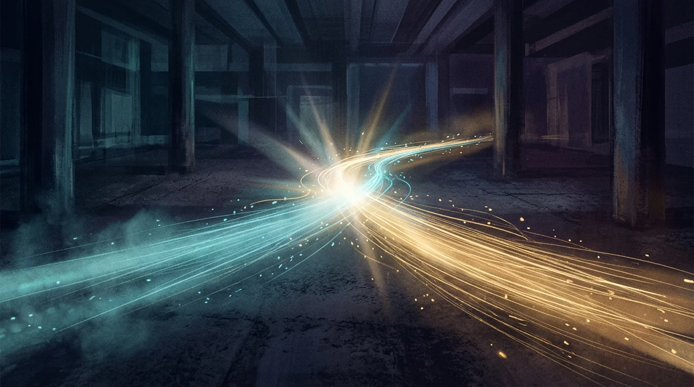 Abstract light beams intersecting in a dark space.