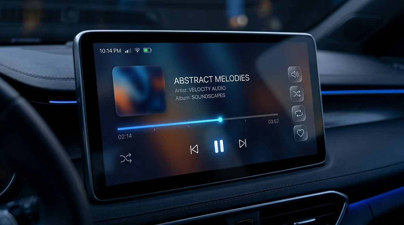 A close-up of a digital car display showing the new audio scrubbing and media interface.
