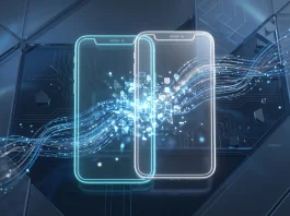 Conceptual illustration of two smartphone interfaces merging on a car dashboard.