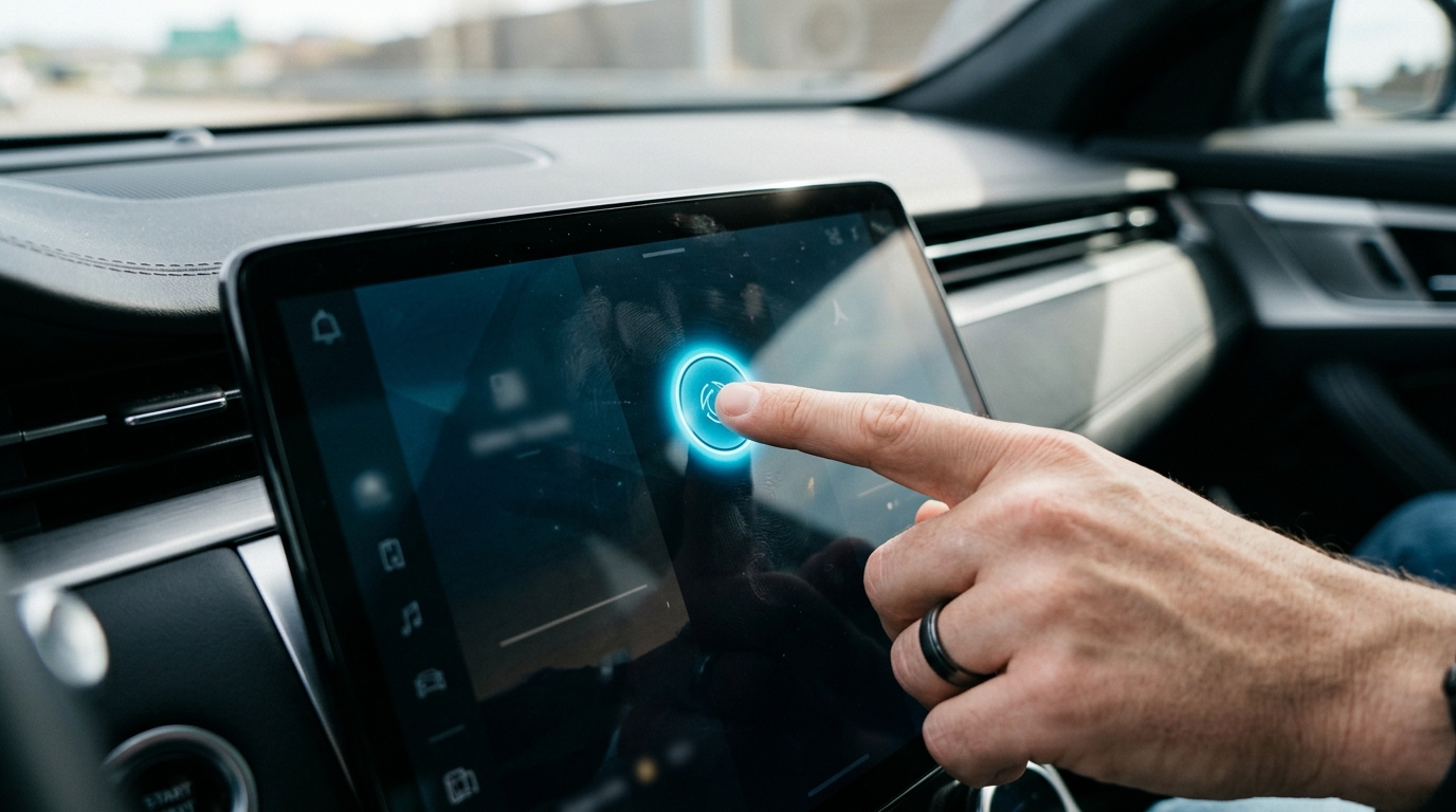A close-up of a user interacting with a car's touchscreen display.