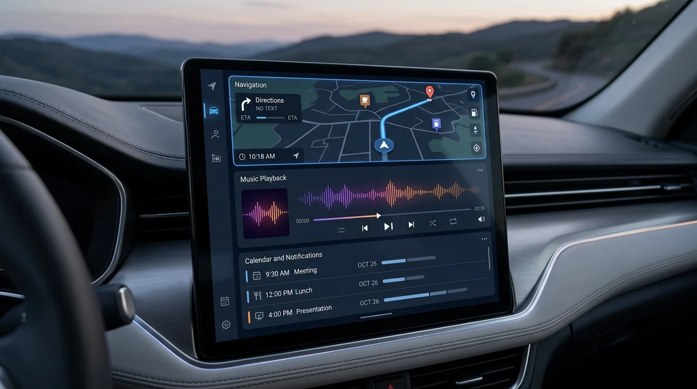 A digital car screen showing three distinct widget stacks for navigation and media.