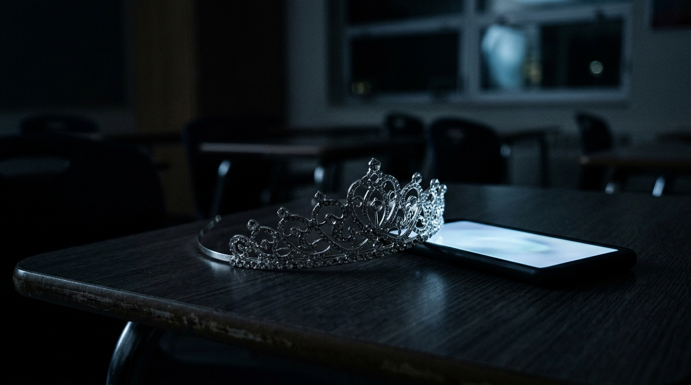 A prom tiara on a desk next to a glowing smartphone.