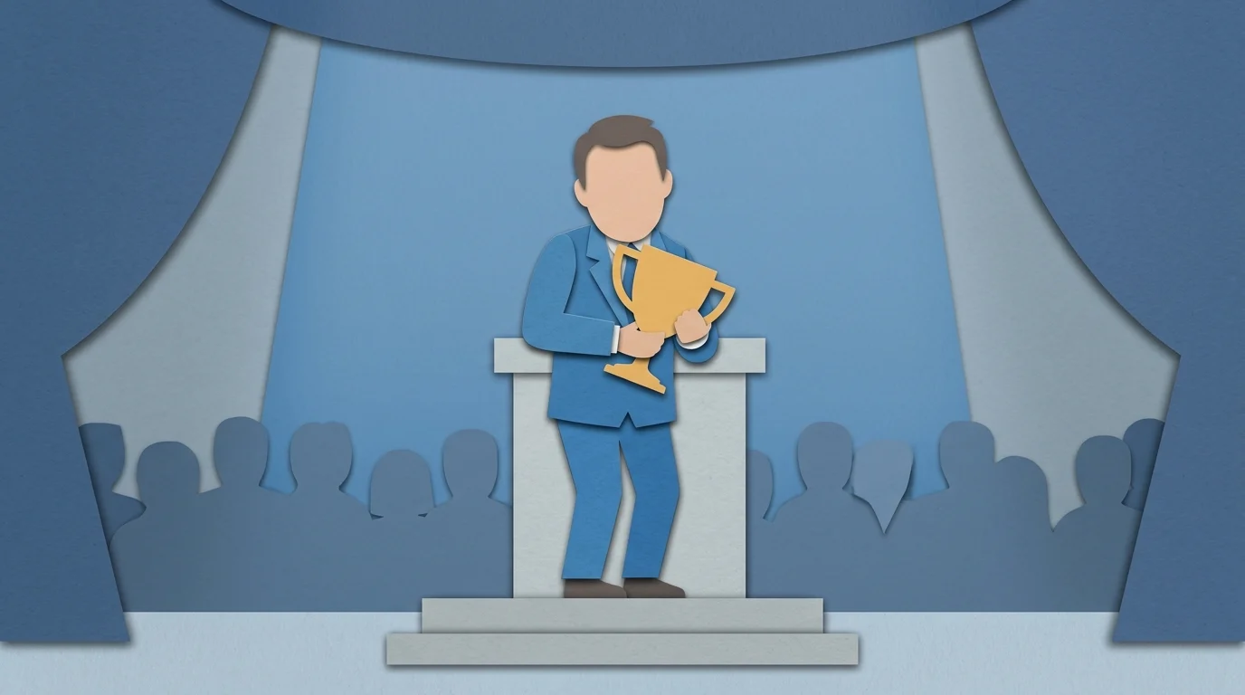 A cartoon figure in a suit holding a trophy on a podium.