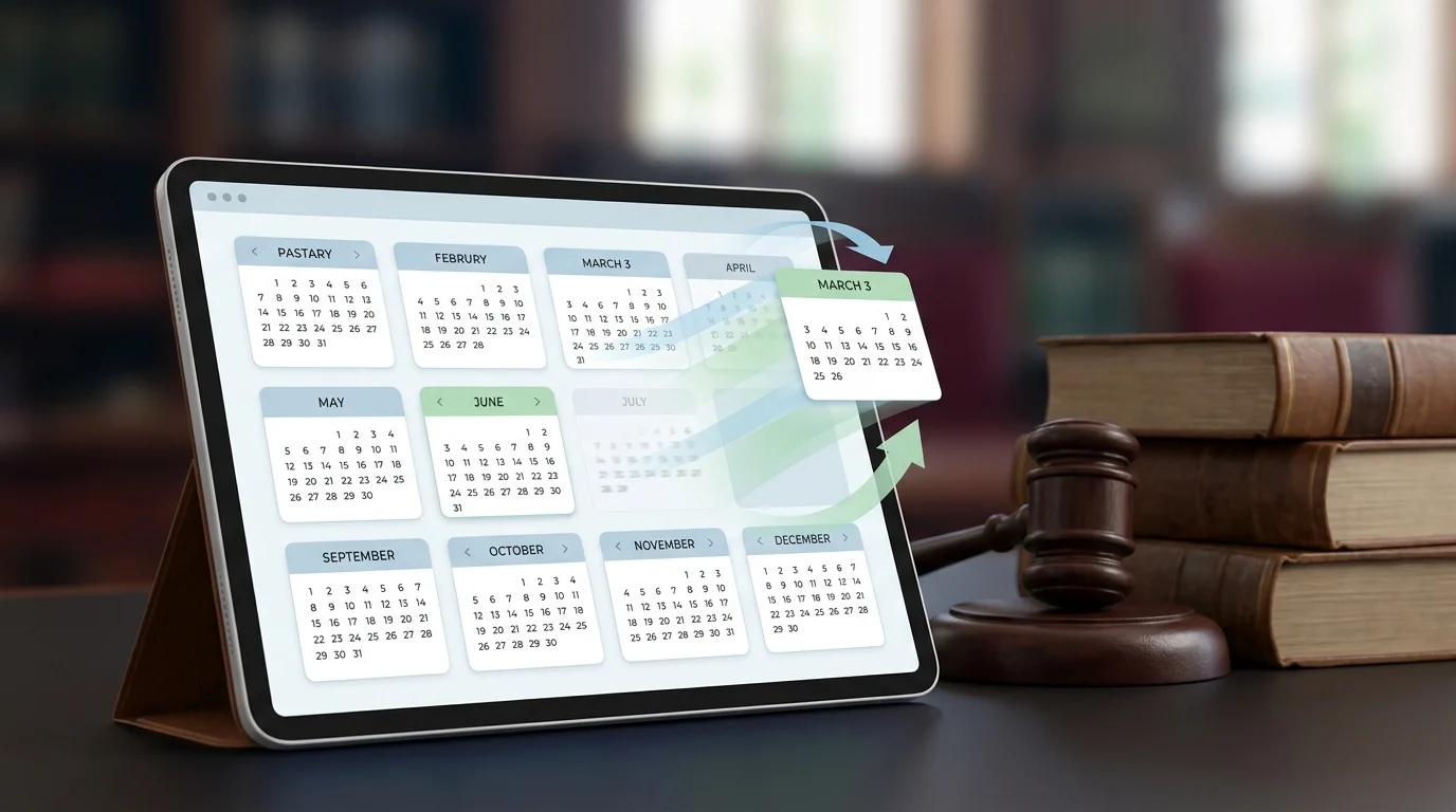 A digital calendar showing a shift in dates next to a legal gavel.