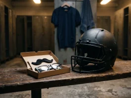 A football helmet and a disguise kit on a locker room bench.