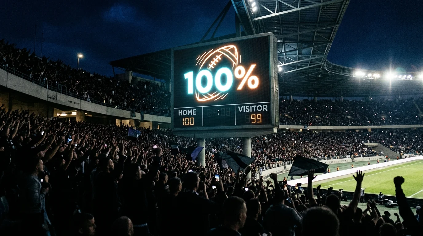 A digital scoreboard displaying a 100 percent rating.