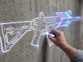 A first-person view of a glowing chalk outline of a rifle being drawn on a wall.