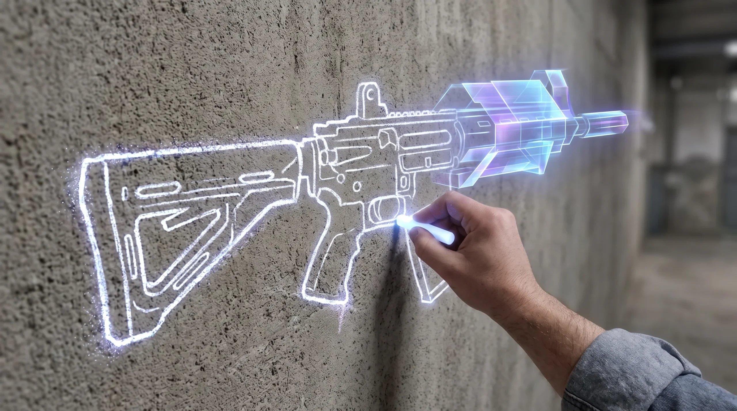 chalk-warfare-drawing-mechanic A first-person view of a glowing chalk outline of a rifle being drawn on a wall.