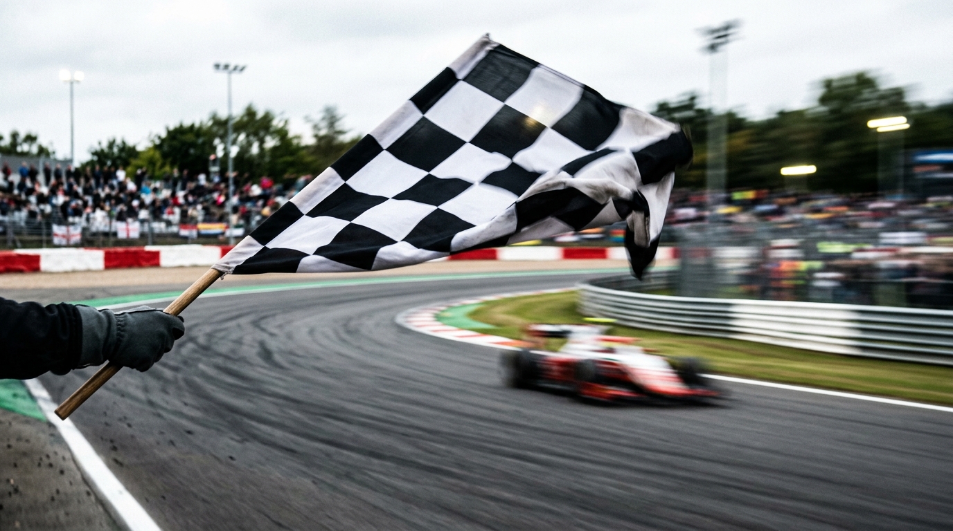 A checkered flag being waved over a race track.