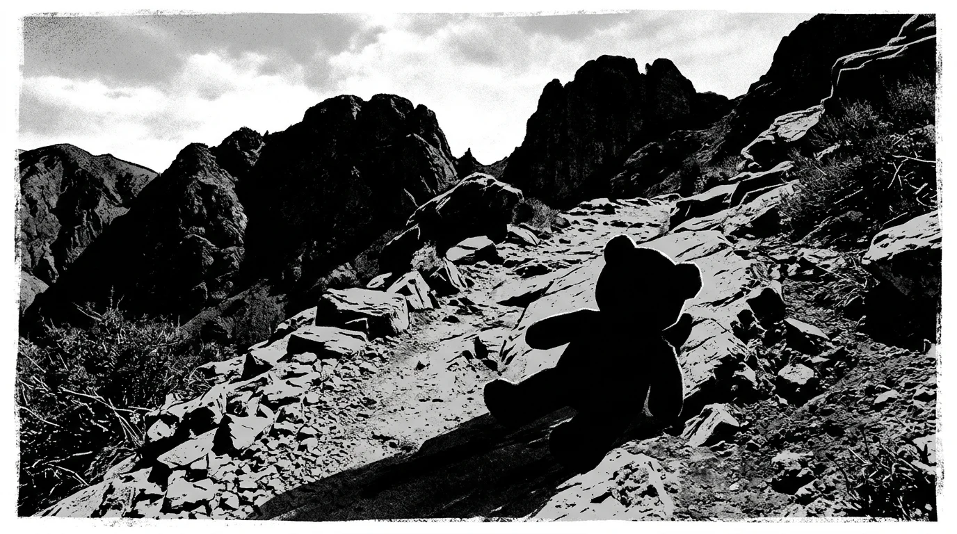 A lonely toy left on a mountain path representing the thriller elements of the film.