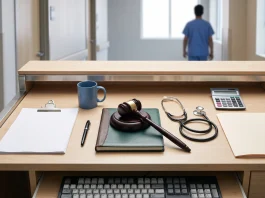 A stethoscope resting next to a wooden gavel on a clean white desk surface.
