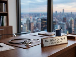 A professional desk with a stethoscope and a Chief of Surgery nameplate.