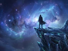 Conceptual depiction of a silhouetted figure looking out over a cosmic horizon.