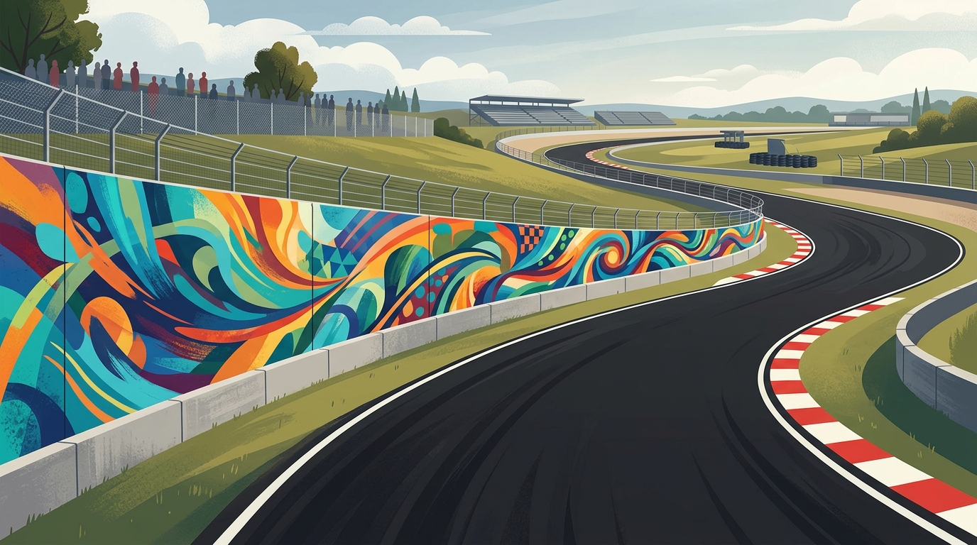 A long colorful mural along a racing circuit barrier.