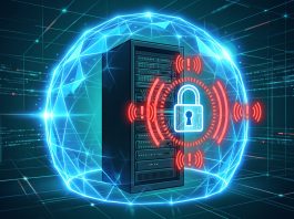 A conceptual illustration of a secured server gateway with warning alerts and security shields.