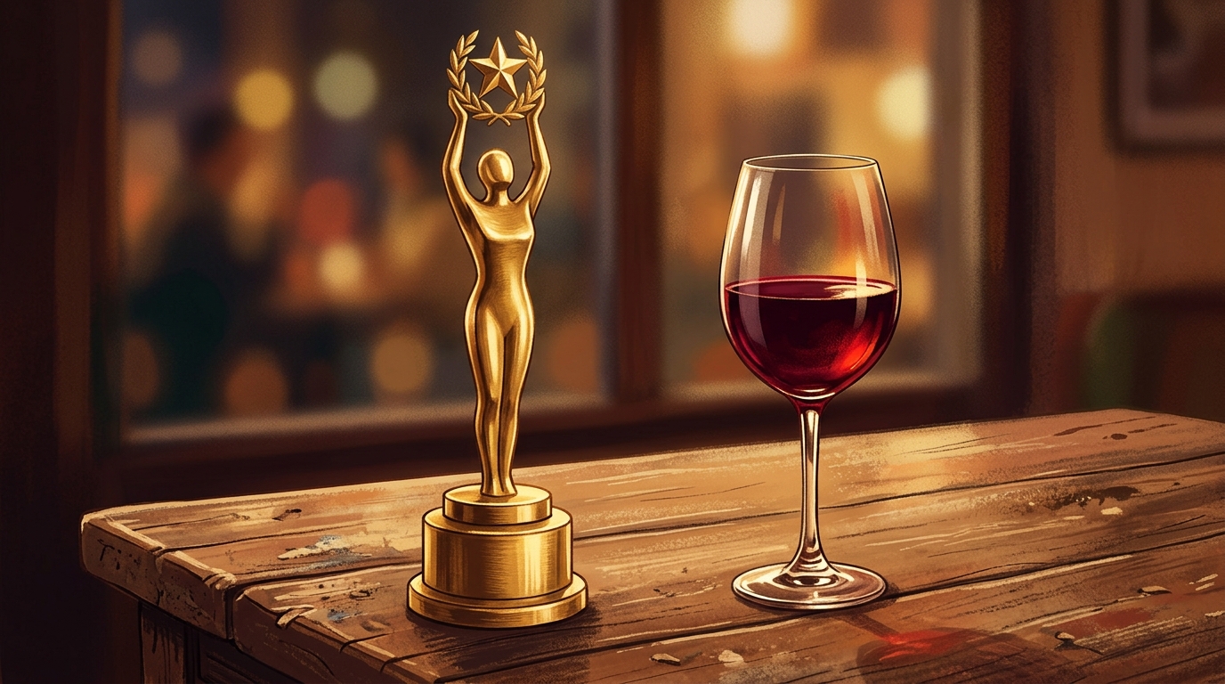 A golden trophy and a glass of wine on a wooden table.