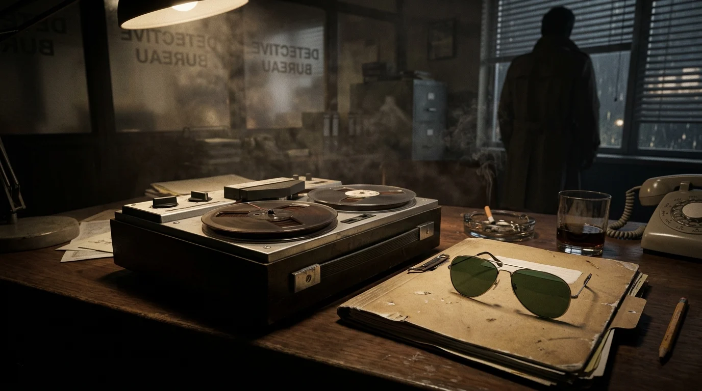 The Rockford Files Hits Streaming Top 10 as NBC Prepares David Boreanaz Reboot 1 A 1970s detective's desk with an answering machine and case files.