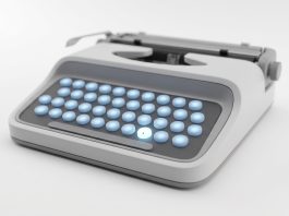 Digital nodes arranged like a typewriter representing simplified language patterns.
