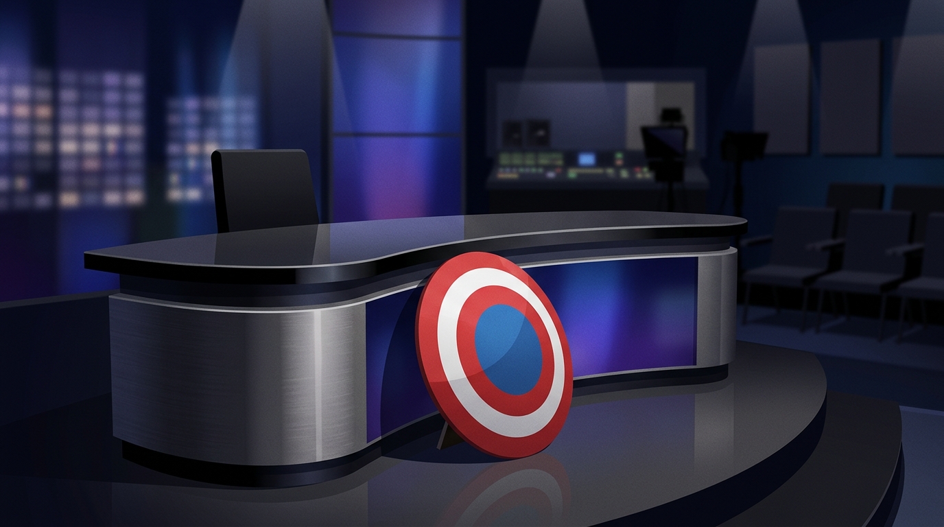 A circular superhero shield leaning against a talk show desk.