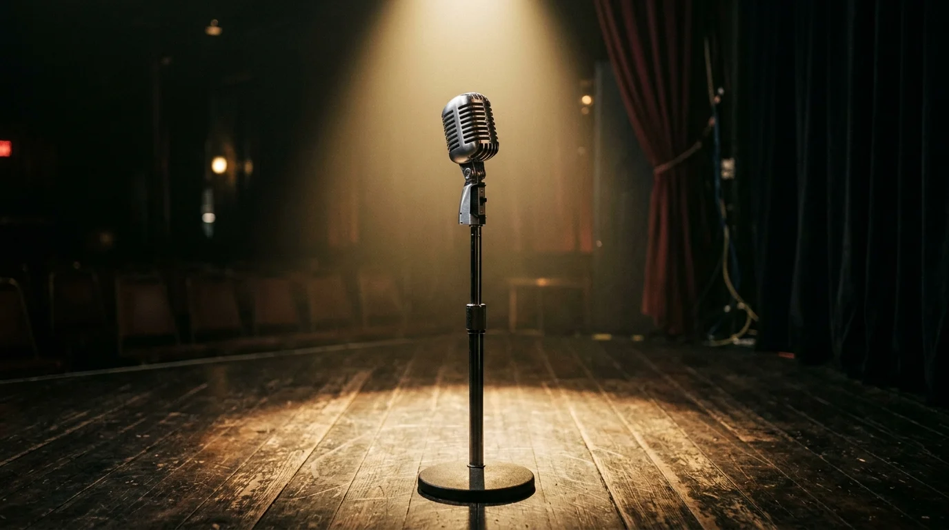 A spotlight on a microphone on a stage.