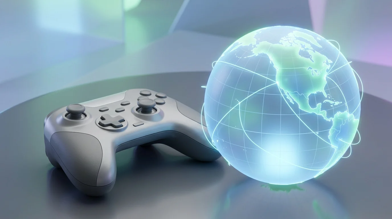 A glowing globe next to a video game controller representing regional access.
